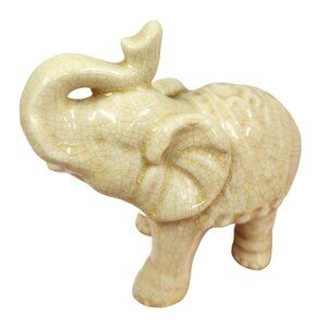 Ceramic Elephant Figurine Ivory Crackle Glaze Home Decor Collectible 6.75 In